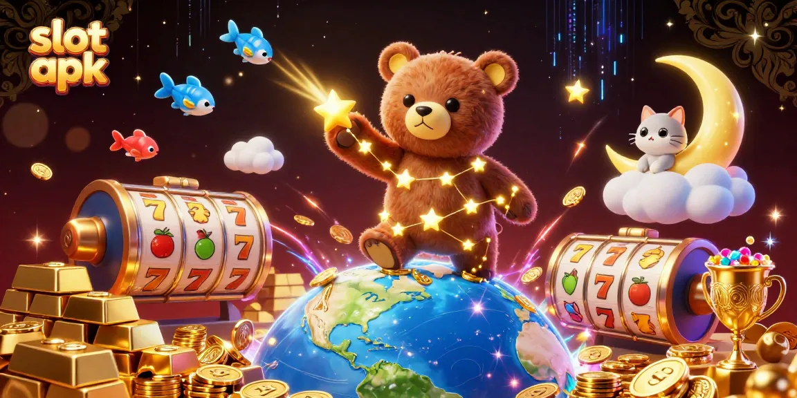 Engage with thrilling slot apk gameplay featuring a dynamic 3D casino scene with stars and treasure.