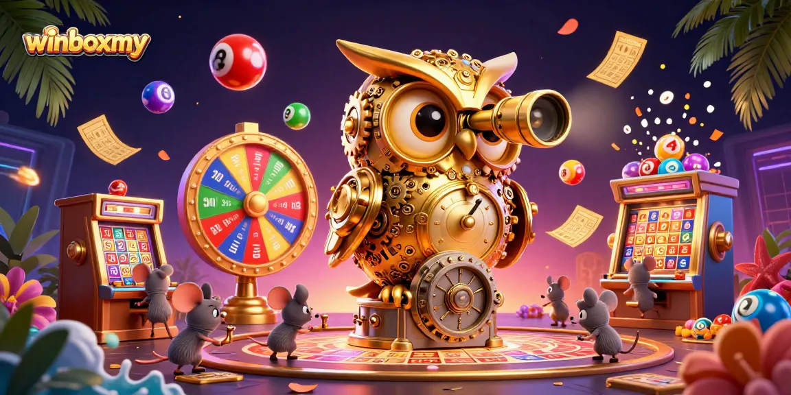 Engage with winboxmy's vibrant casino experience featuring an animated golden owl and dynamic games.