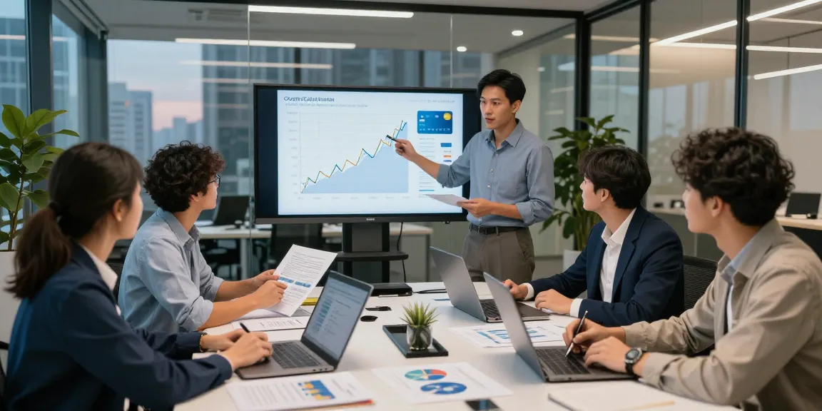 Financial experts discussing 신용카드현금화 strategies in a modern office.