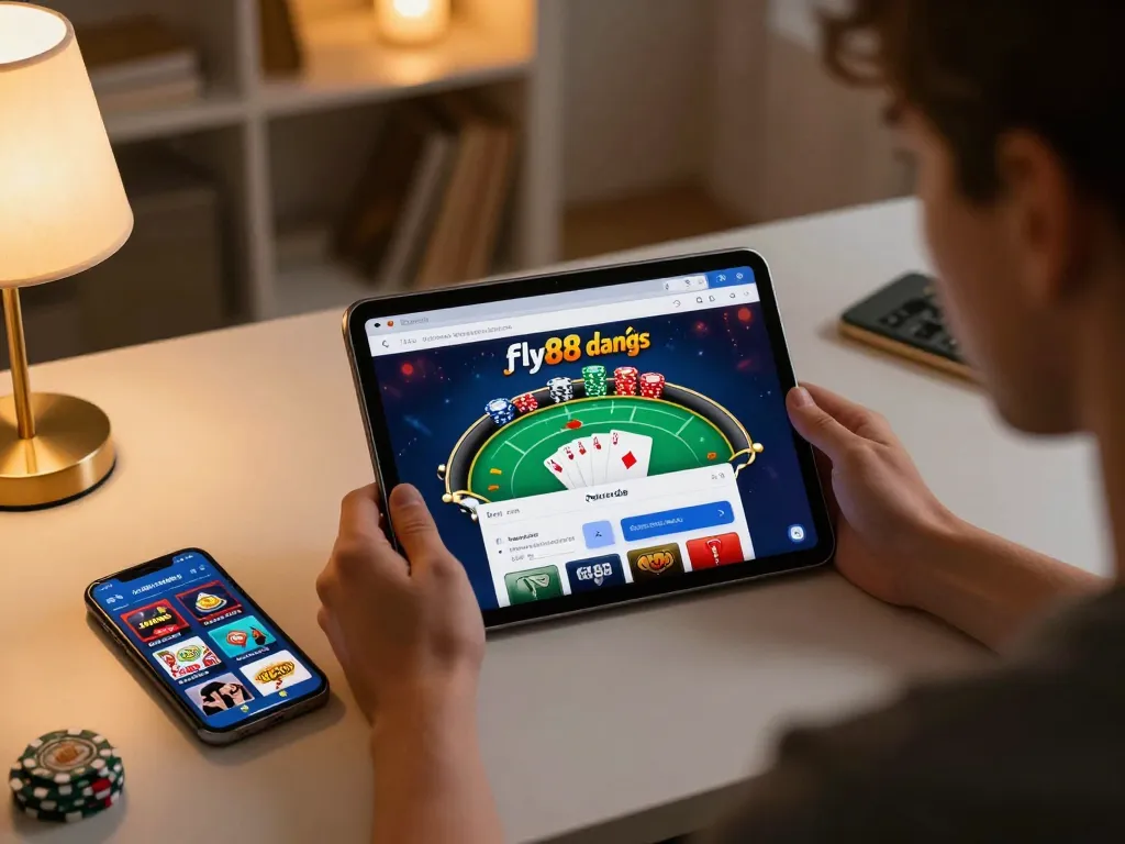 Engaged player at home accessing fly88 đăng nhập while enjoying online poker on a tablet.