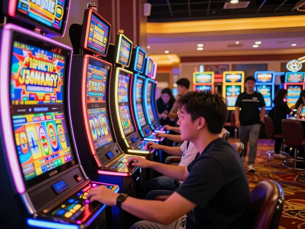 Players enjoying vibrant slot jepang games in a lively casino atmosphere with colorful displays.