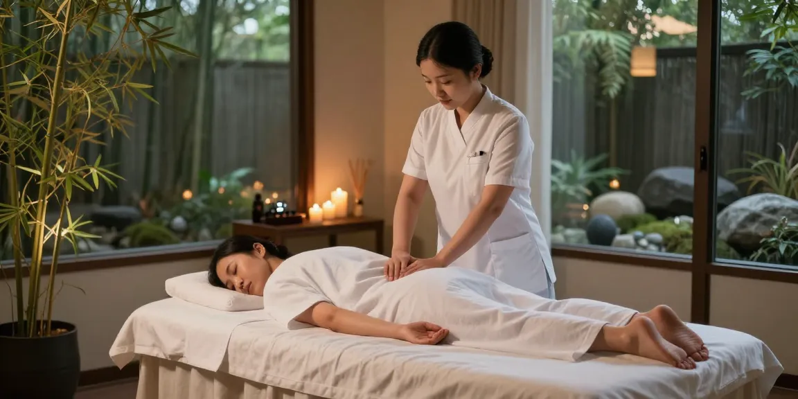 Relaxing massage therapy session in a tranquil spa environment featuring 마사지 techniques with essential oils.