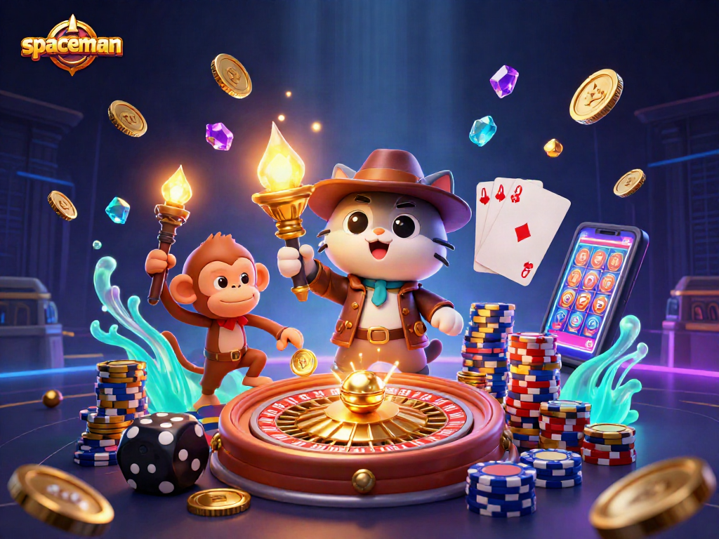 Simplifying the winning strategies of the spaceman in a vibrant casino treasure hunt illustration