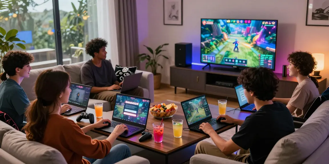 Friends enjoying a dynamic gaming night using Garuda303 login on laptops in a cozy living room.