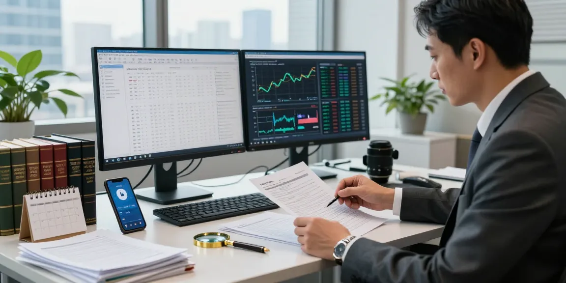 Asset tracing investigator examining financial documents in a modern law office.