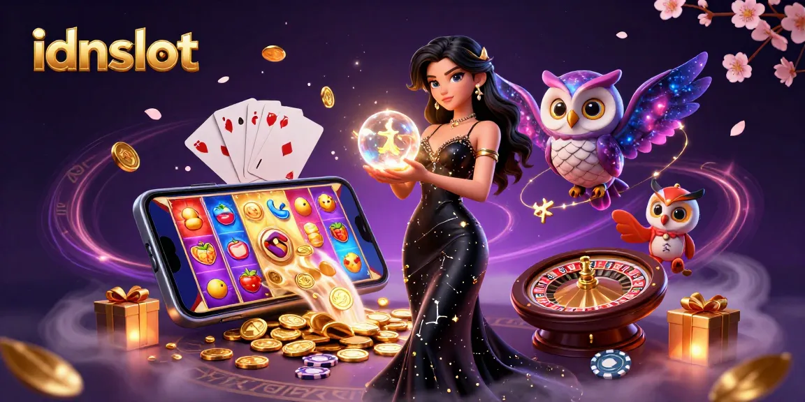 Engage with idnslot by exploring a vibrant 3D casino scene filled with slots, cards, and mystical elements.