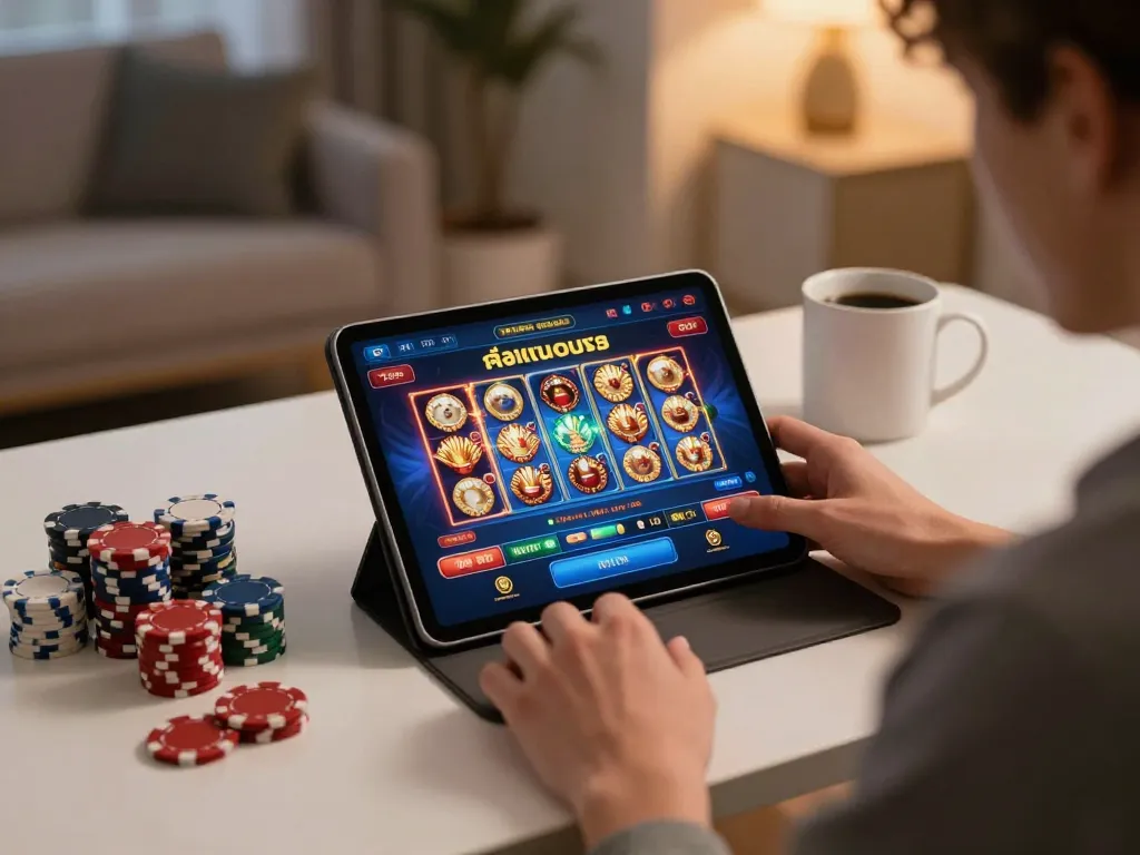 Engaging user playing สล็อตทดลอง on a tablet, focused on game strategy in a cozy home setting