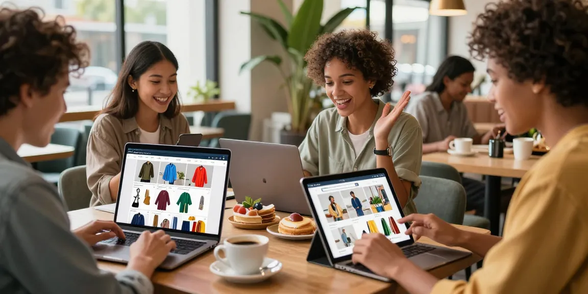 Shoppers exploring products on their devices at a cafe, enhancing e-commerce experience.