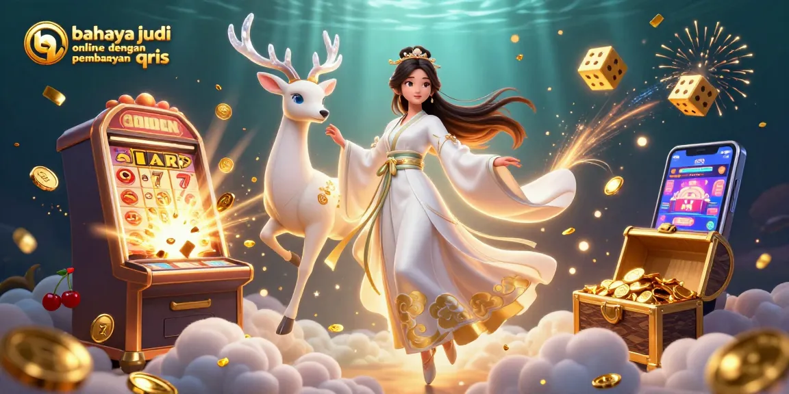 Experience the dangers of online gambling with QRIS payment gateway shown in a vibrant casino scene.