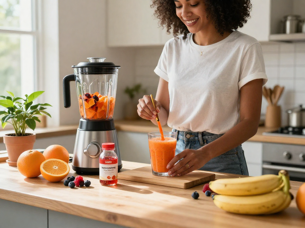 Preparing a vegan astaxanthin supplement smoothie in a bright kitchen, showcasing healthy ingredients and vibrant atmosphere.