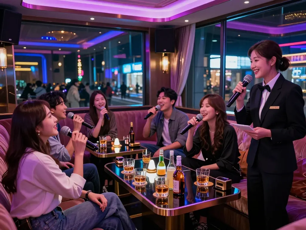 Enjoy vibrant atmosphere at 강남가라오케 with friends singing in a luxurious karaoke lounge.