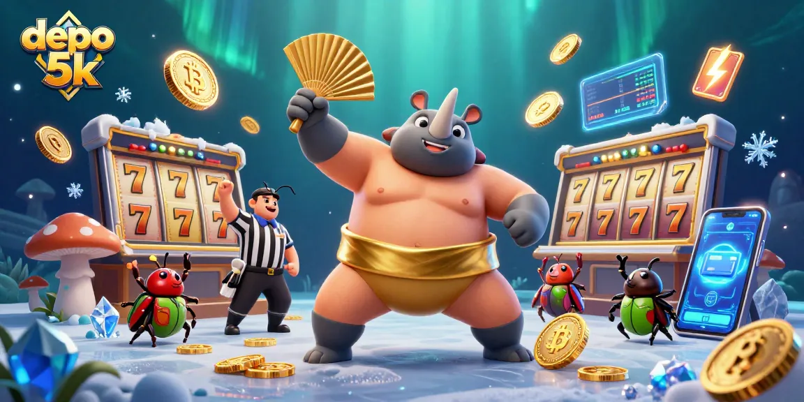 Win big with depo 5k, featuring a dynamic beetle champion amidst vibrant casino elements.