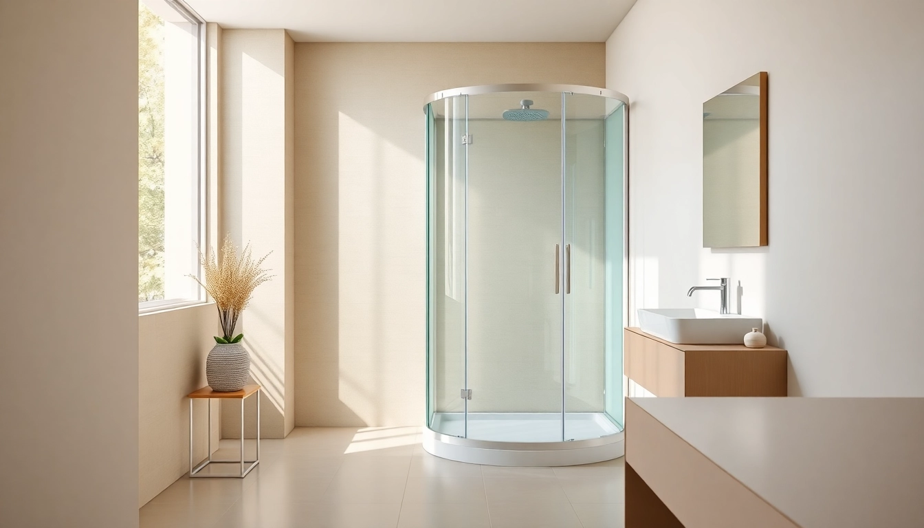 Admire the sirhona fr shower cabin complemented by a sleek LED mirror in a stylish bathroom.