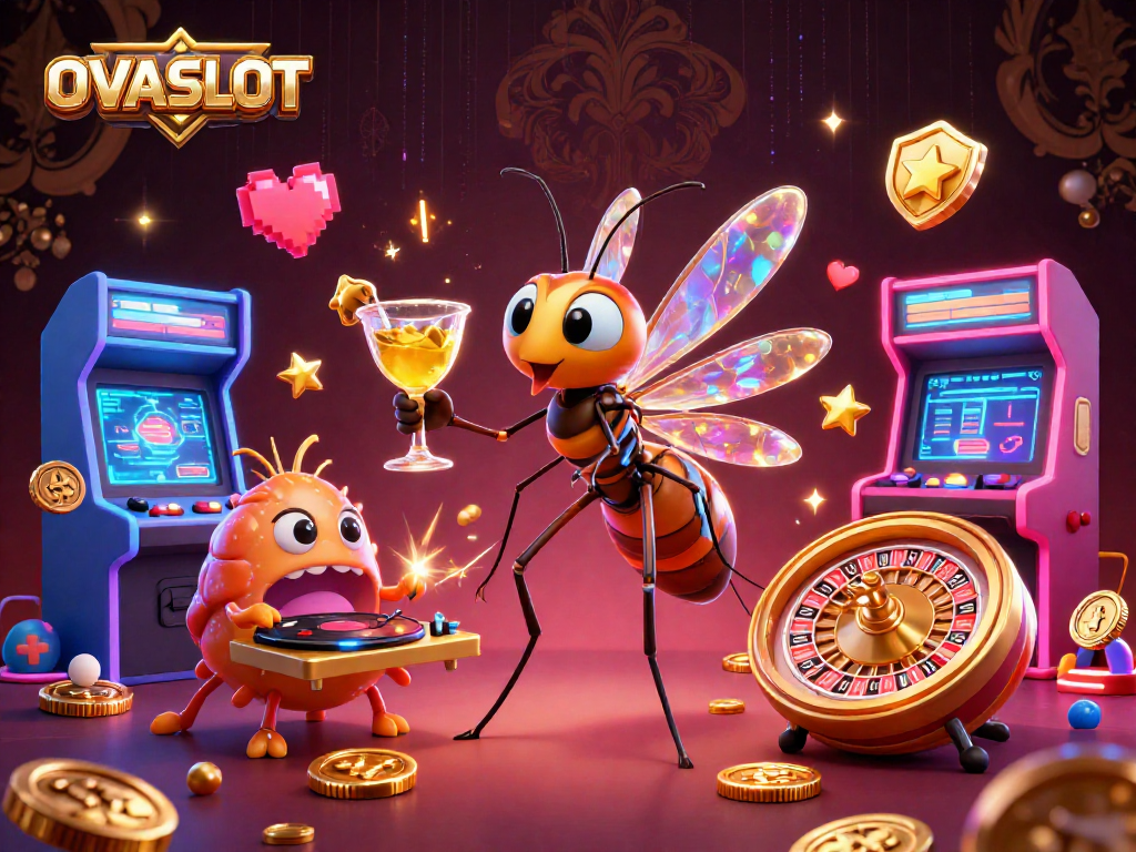 Enjoy thrilling games at OVASLOT with dynamic 3D casino illustrations highlighting excitement.