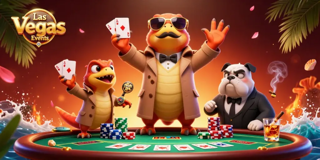 Engage in Las Vegas Corporate Events with vibrant 3D raptors entering a VIP casino lounge filled with poker elements.