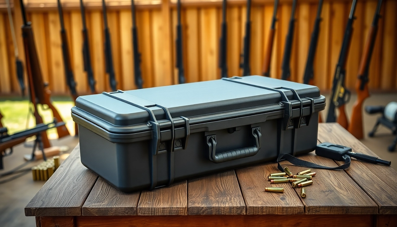 Showcase a pelican rifle case in a shooting range setting, highlighting its robust design.