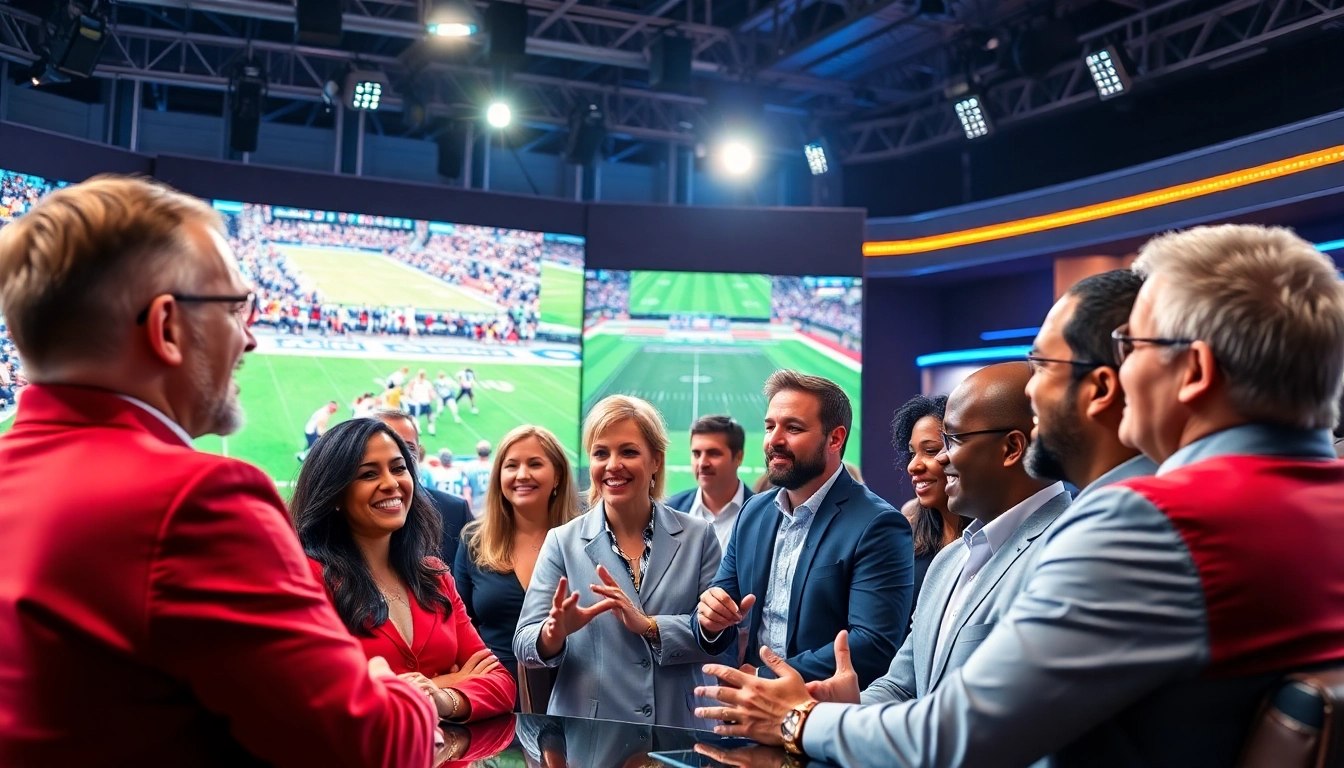 Engaging scene of sports broadcasting with diverse commentators discussing live events.