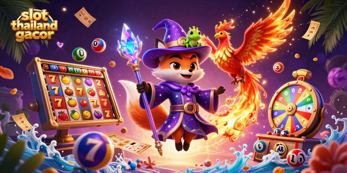 Engage with slot thailand gacor as colorful slot reels and lottery balls enhance an exciting gaming atmosphere.