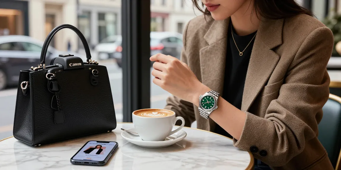 Examining a stylish rolex replica watch in an urban luxury café setting.