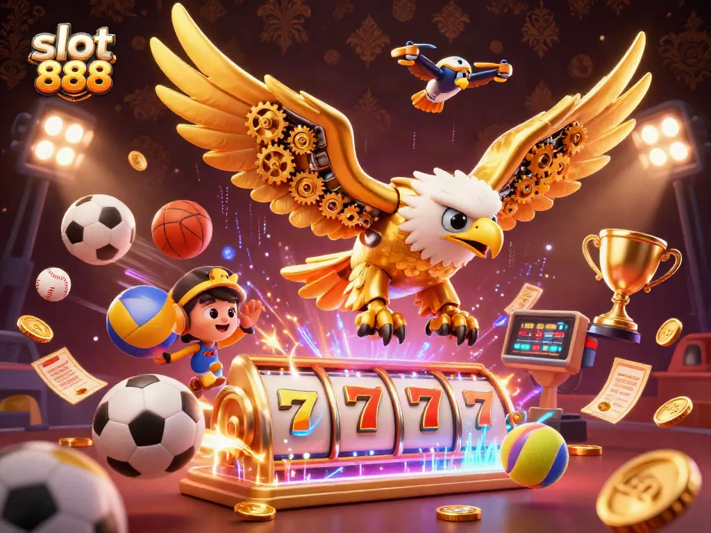 Experience the thrilling action of slot 888 with a cybernetic eagle soaring through vibrant game elements.