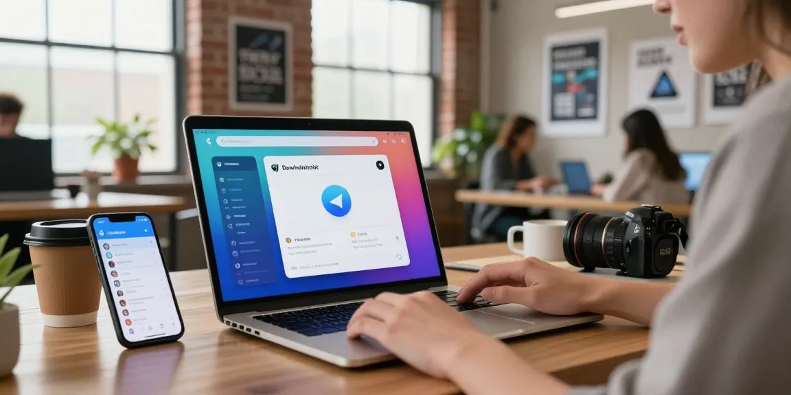Downloading Telegram中文版下载 on a laptop in a modern work setting.