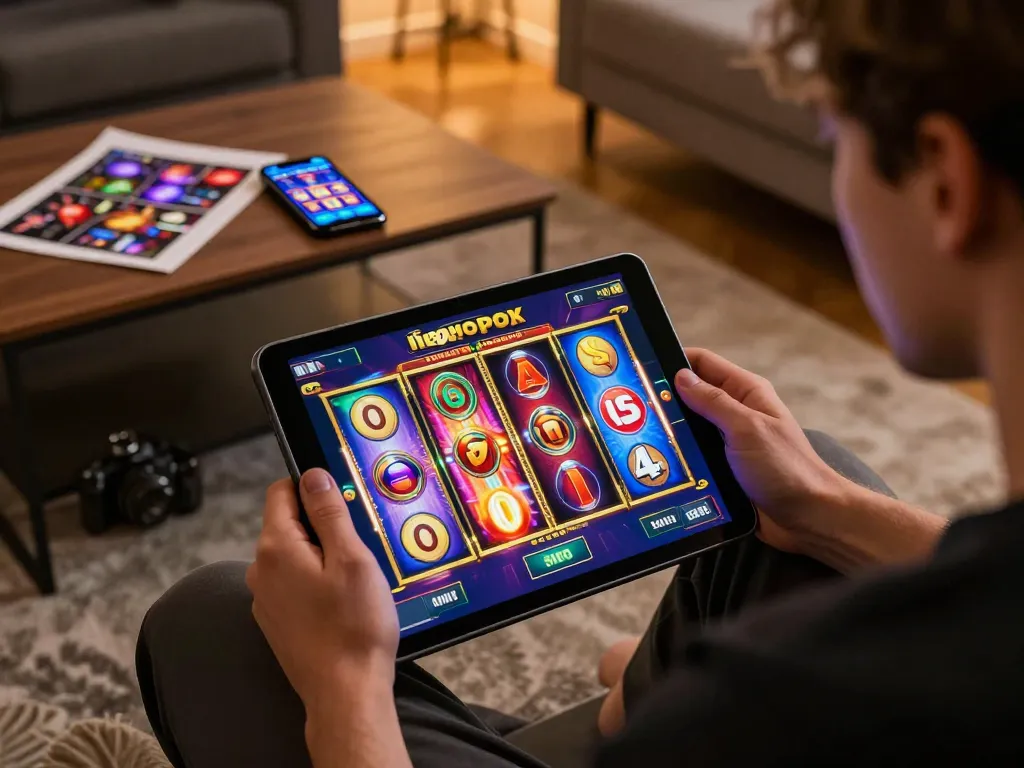 Experience the thrill of nagapoker slots with captivating gameplay displayed on a tablet in a cozy living room