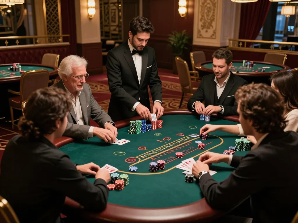 Players strategize at a blackjack table in f168 casino, showcasing intense gameplay and rich ambiance.