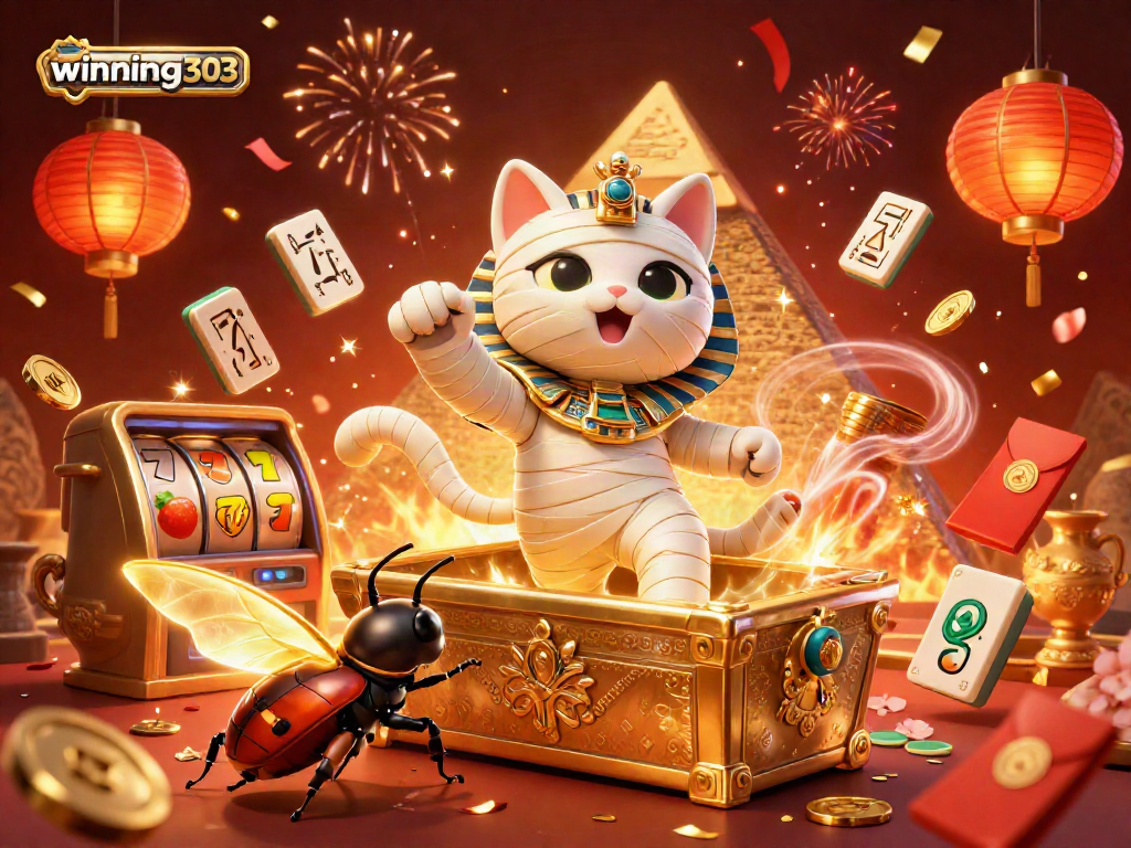Winning303 showcases a lively pyramid casino scene with a mummy cat and golden scarab, celebrating through games.