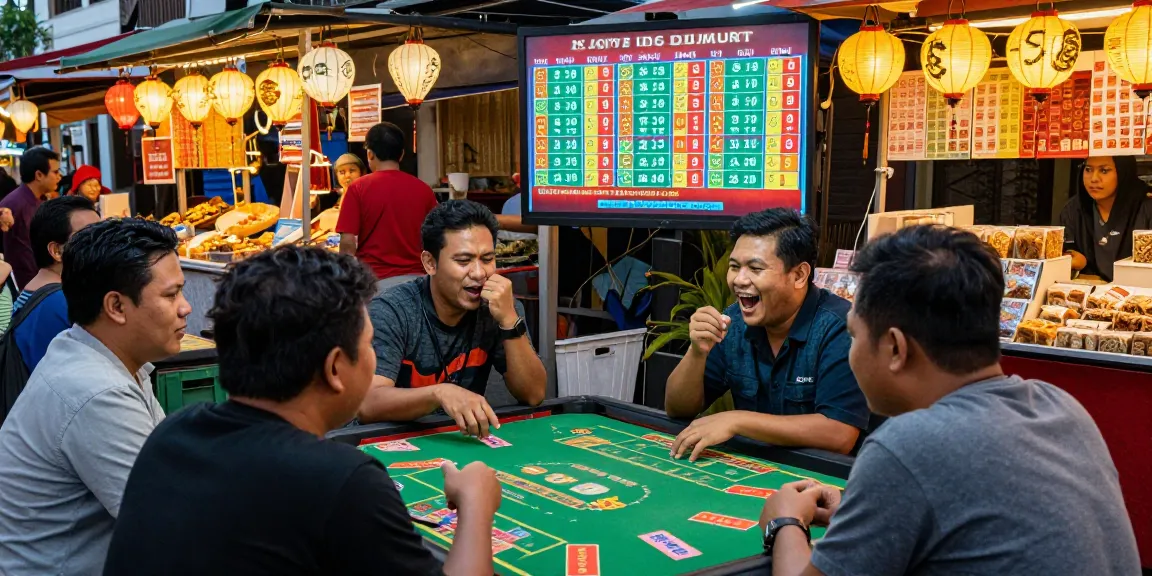 Suasana syair menang di pasar malam dengan orang-orang antusias bermain, menyaksikan angka dan tren.