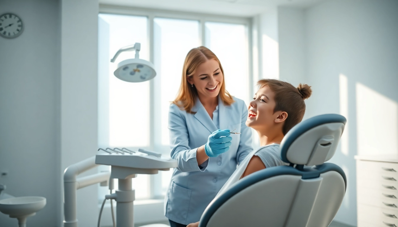 Orthodontist edmonton examining a young patient's dental alignment in a modern clinic setting.