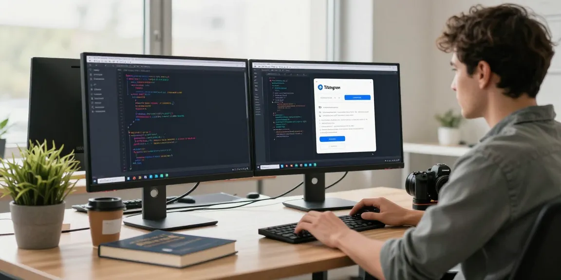 Developers optimizing telegram中文版下载 in a bright modern workspace with dual monitors