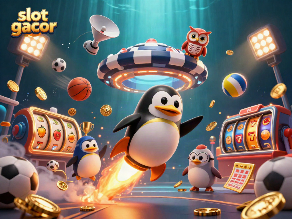 Experience the thrill of slot gacor as a golden penguin zooms through space, surrounded by casino elements.
