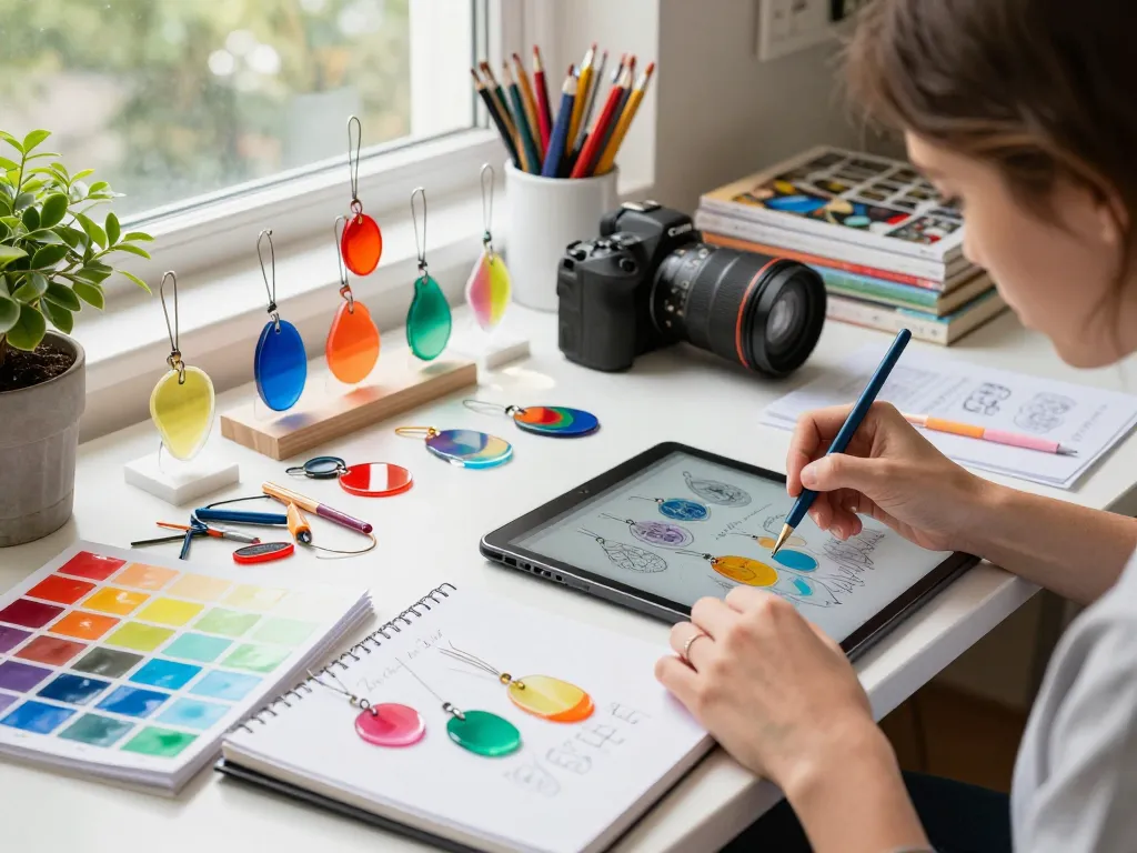 Artist creating colorful acrylic charms, showcasing intricate designs and artistic tools in a vibrant studio.
