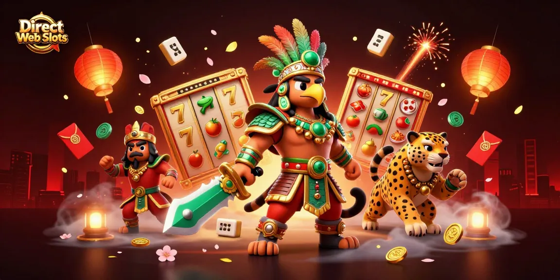 Spin the reels and win big with Direct Web Slots featuring vibrant Aztec warriors and slot elements.