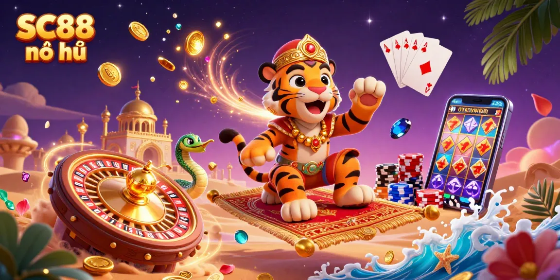 Experience the excitement of SC88 nổ hũ with vibrant slot reels and jackpots in a stunning 3D casino scene.