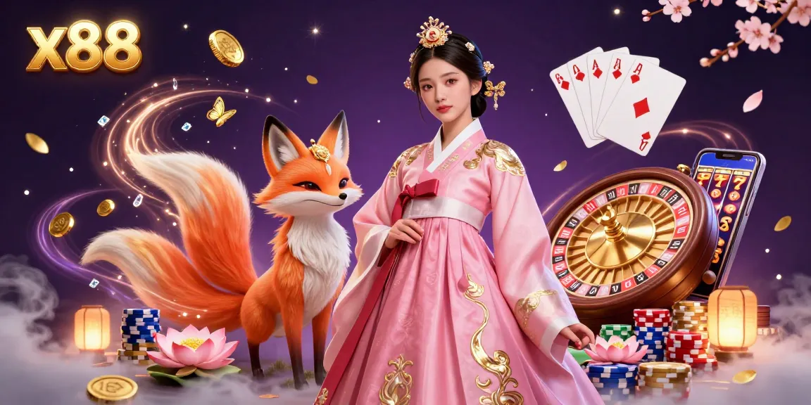 x88 casino illustration with a graceful woman and a lucky fox amidst golden coins and a spinning roulette wheel.