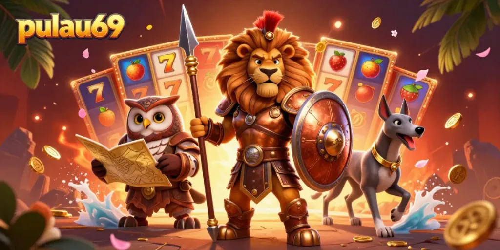 Experience exciting slot gaming action with pulau69's vibrant characters and game elements in a dynamic 3D illustration.
