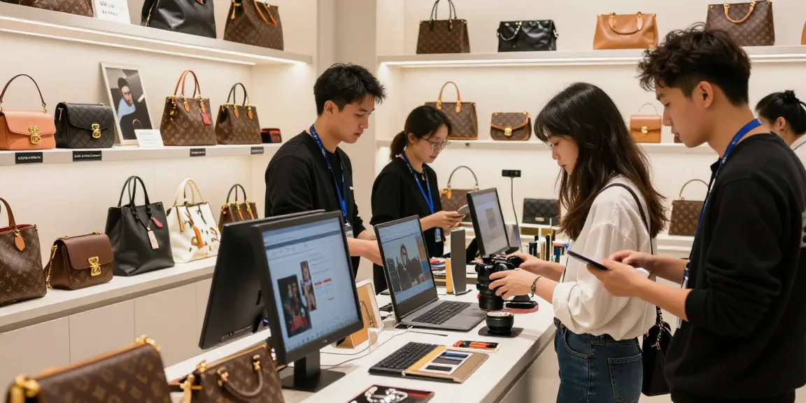 Customer exploring a 레플리카 사이트 with luxury items in a stylish retail environment.