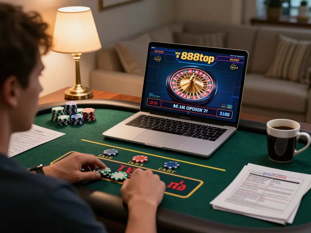 Player engaging with a live dealer game on 888top, showcasing excitement in a cozy home setting.