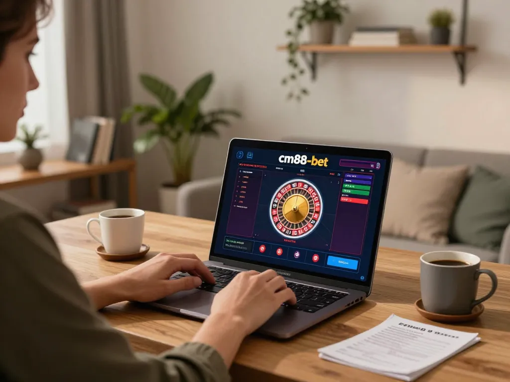 Engaged player using cm88-bet for online roulette in a cozy home setting