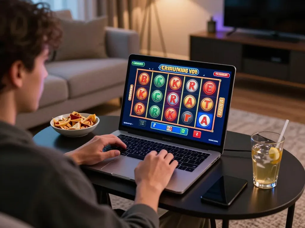 Engaging in online slot games at home on laptop, exploring situs gacor options for winning.