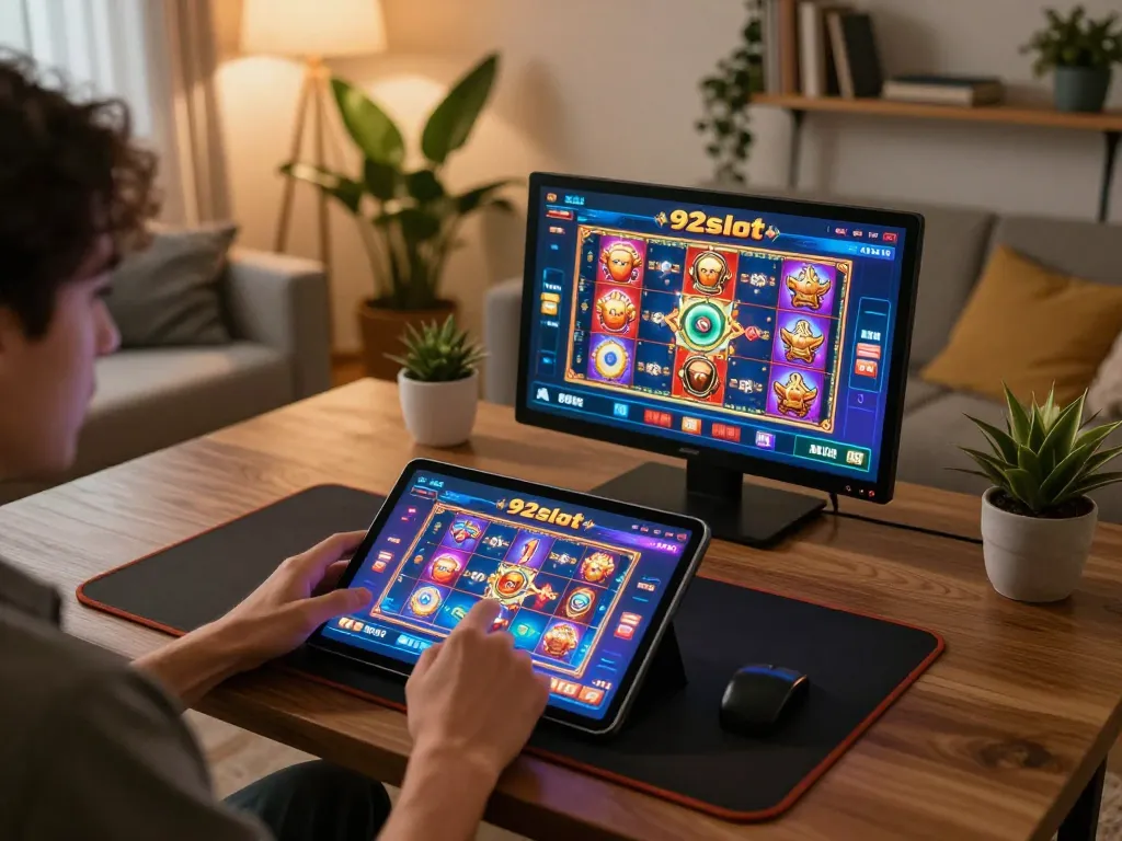 Engaged player exploring 92slot on tablet for exciting online gaming experience.