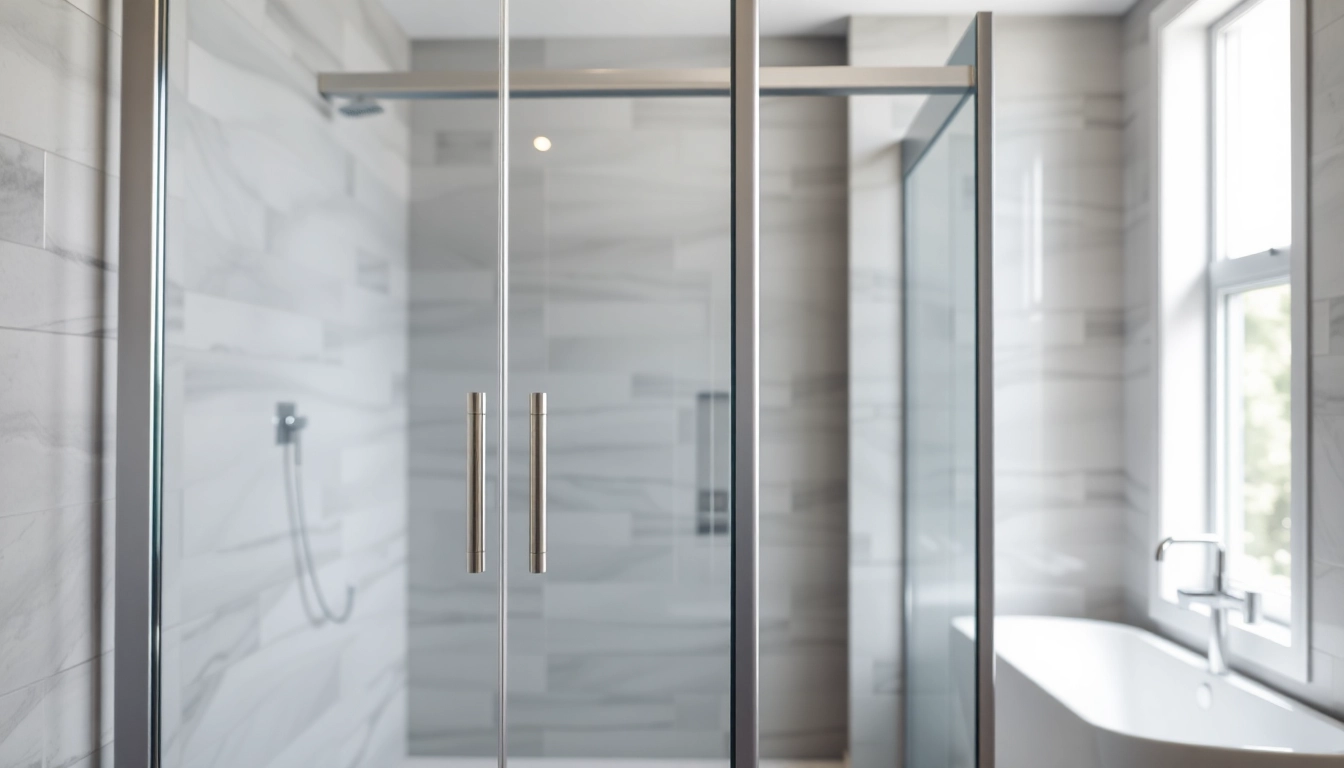 Sliding shower doors elegantly displayed in a modern bathroom, showcasing glass and minimalist design.