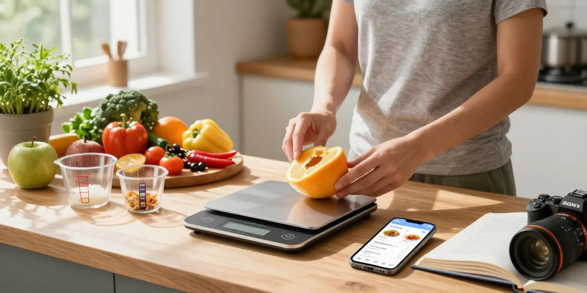 Healthy meal prep in kitchen featuring best food tracker app on smartphone.