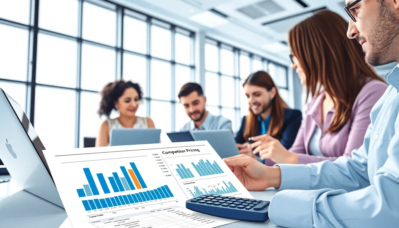 Analyze competitor pricing strategies with a team in a professional office setting.