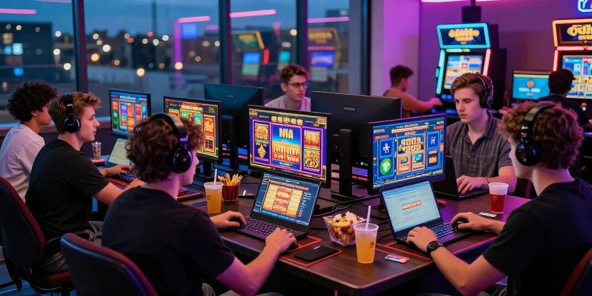 Exciting gaming environment with players enjoying credit card casinos, colorful screens and snacks.