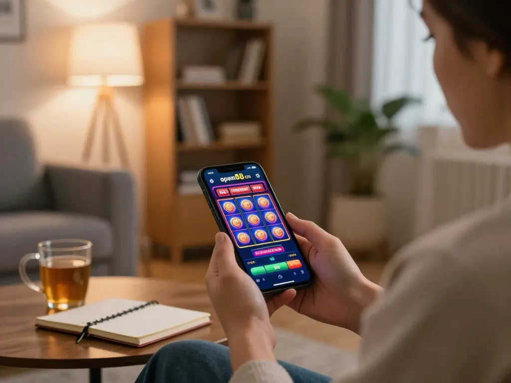 Engaging with the open88 com app for online slots in a cozy living room.
