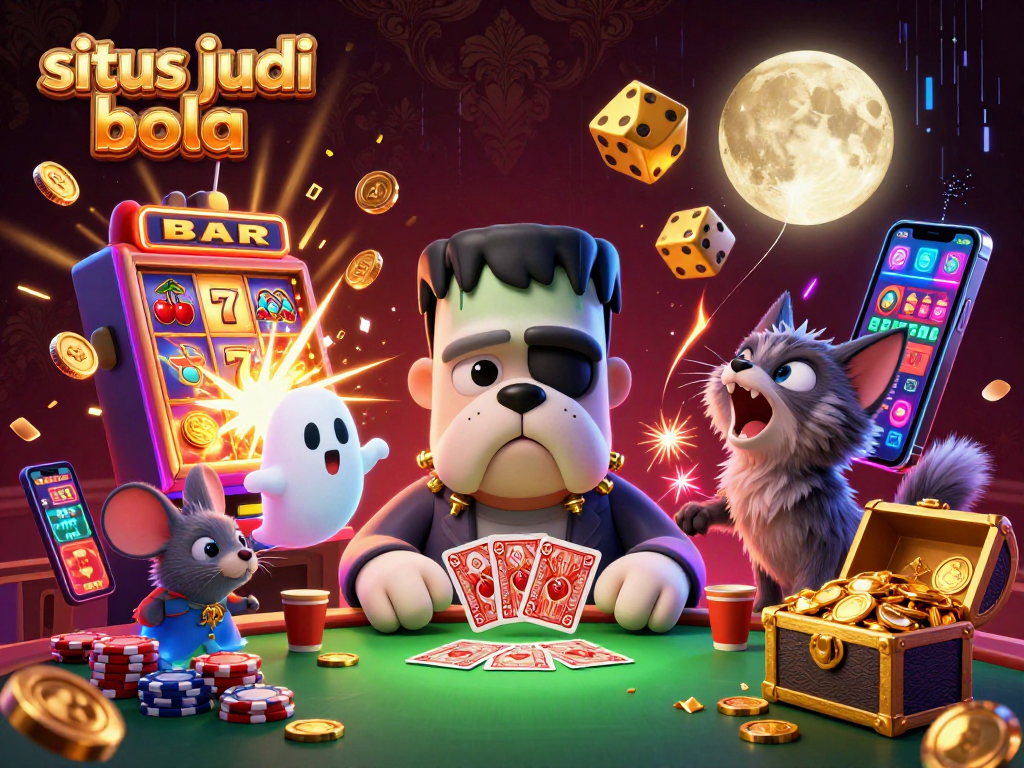 Engage with situs judi bola through an exciting 3D cartoon scene featuring playful characters and vibrant casino elements.