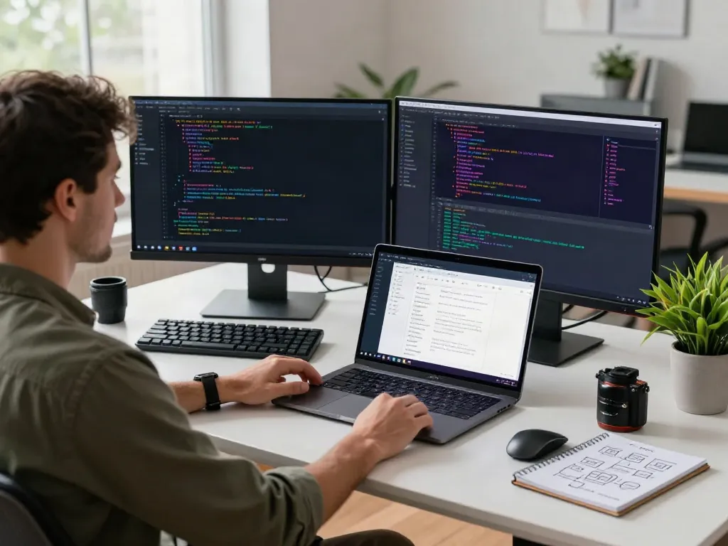 v2rayN官网 software development workspace with dual monitors displaying code.
