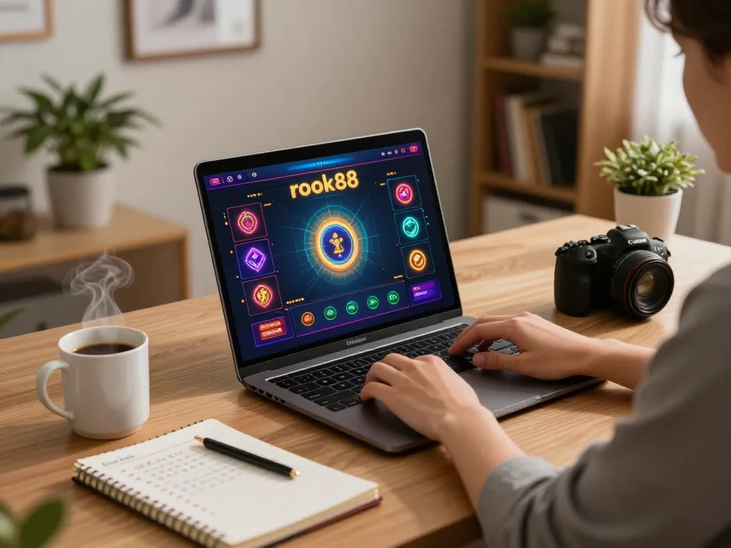 Engaging at rokok88 online casino game on a laptop with cozy home office setup.